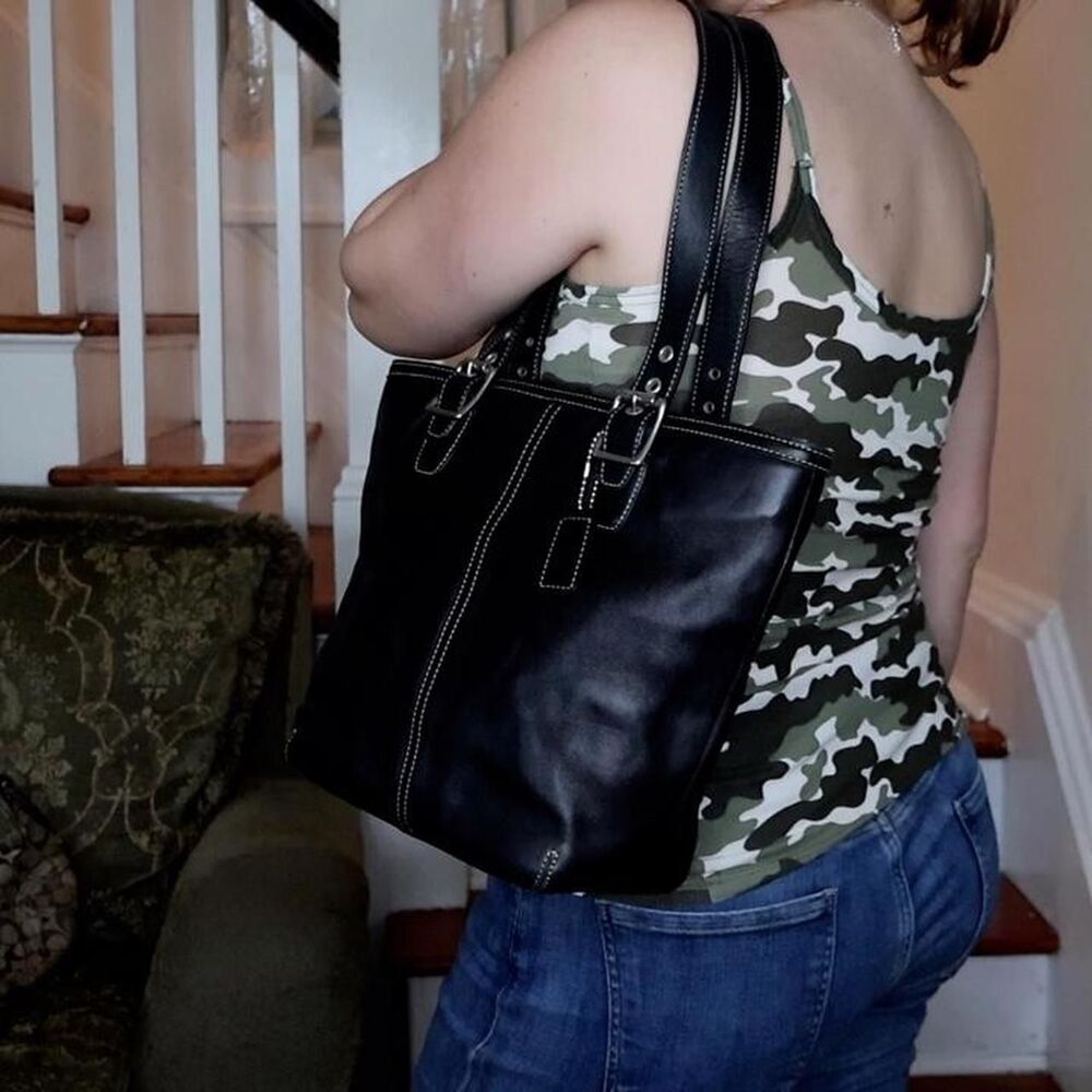 Coach Black Leather Hampton Buckle Bucket ZipTop Tote Bag Silver Hardware Y2K - Picture 9 of 9
